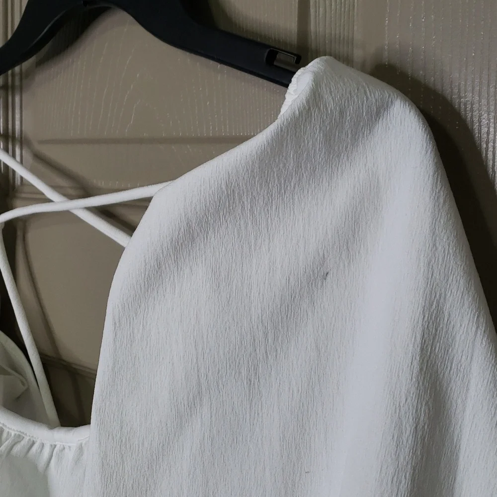 NWO Zara White Puff Sleeve Ruched Blouse Lace Up Open Back Top Size Large